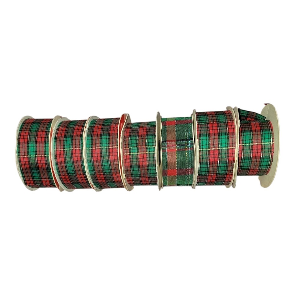 Vintage Christmas Plaid Ribbon Lot 7 Red Green Tartan 25 Yard